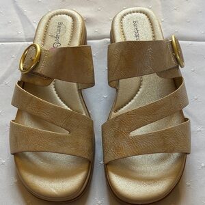 BareTraps Gold-Tone Buckle Tan Slide Sandals